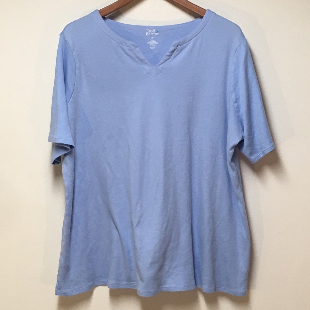 Croft‎ & Barrow T-Shirt Women 2X Blue Notched V-Neck Short Sleeve 100% Cotton